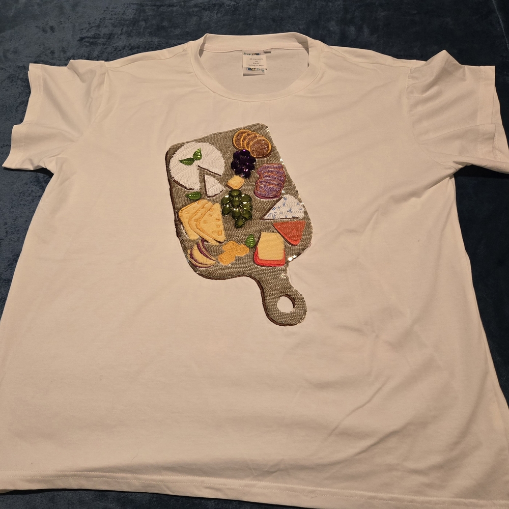 White T-Shirt with Cheese Board Design